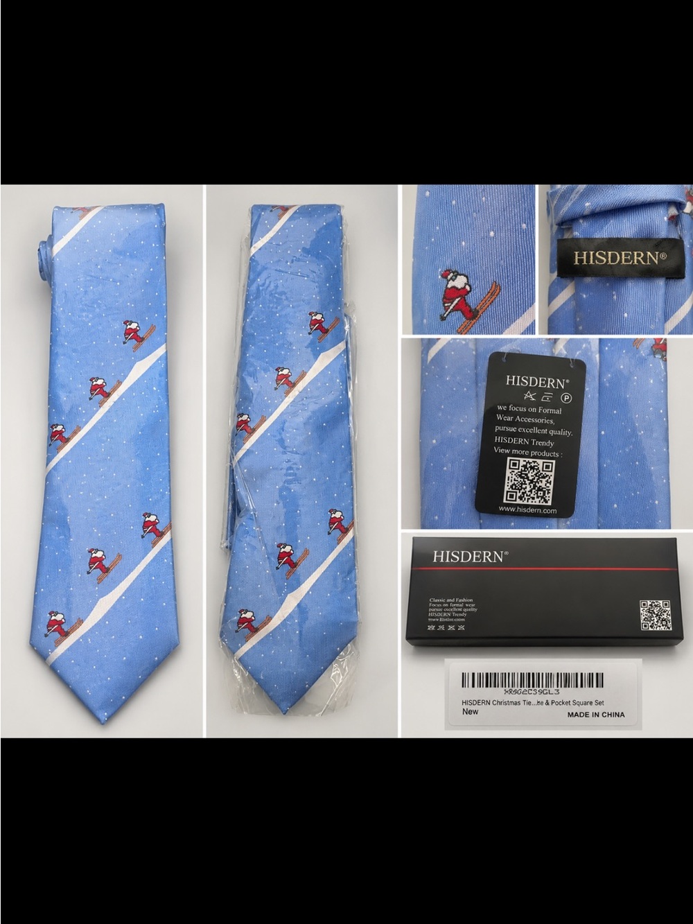 HISDERN Light Blue Skiing Santa Silk Tie